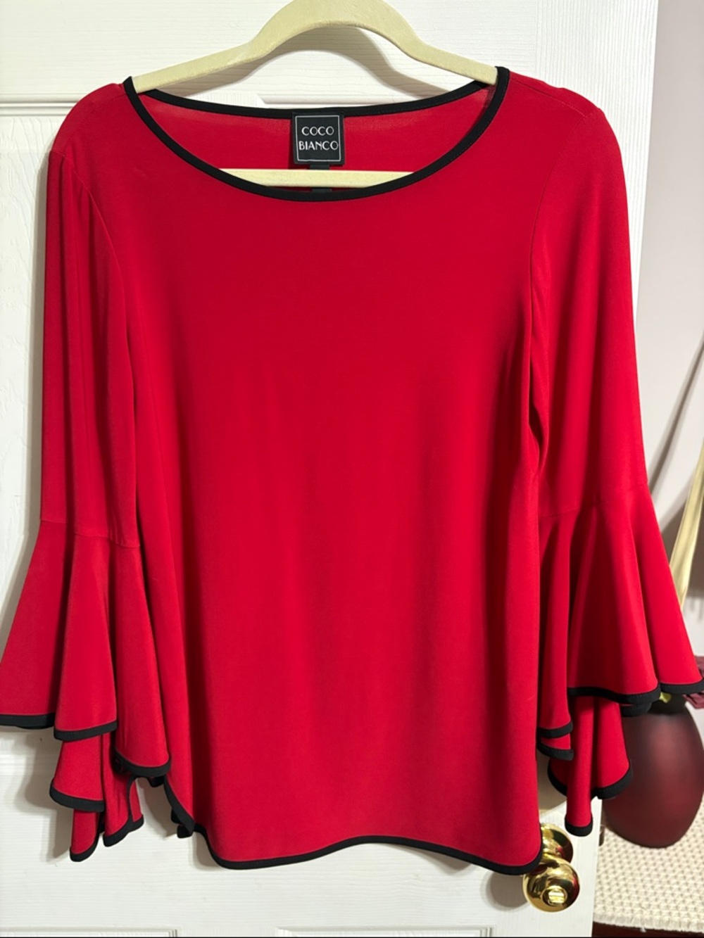 Coco Bianco Red Bell Sleeve Blouse with Black Trim
